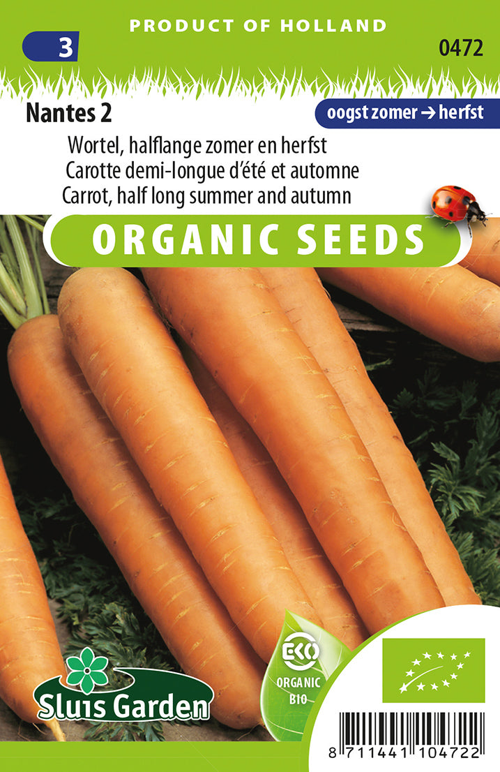 Wortel Nantes 2 BIO Zaden – Biologische Wortel voor Moestuin – ca. 2 g – Sluis Garden