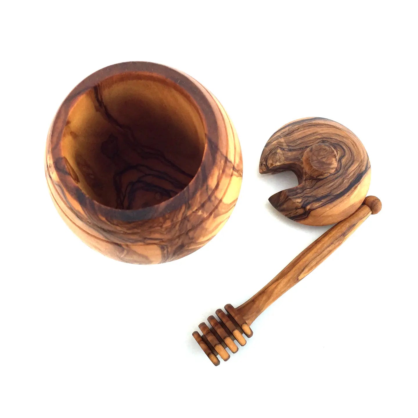 Handgemaakte olijfhouten honingpot met honinglepel