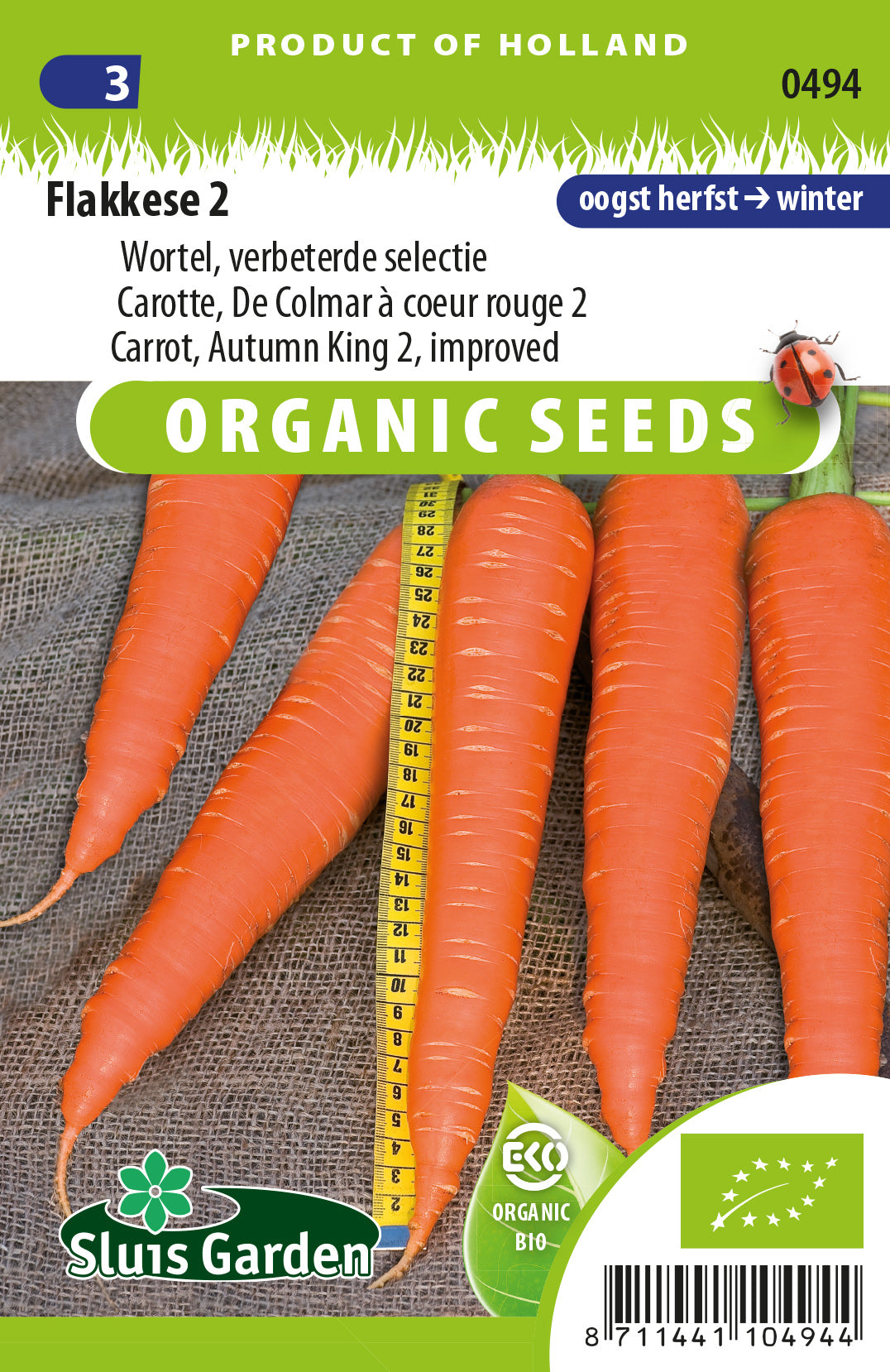 Wortel Flakkese 2 Selectie BIO Zaden – Biologische Wortel voor Moestuin – ca. 2 g – Sluis Garden
