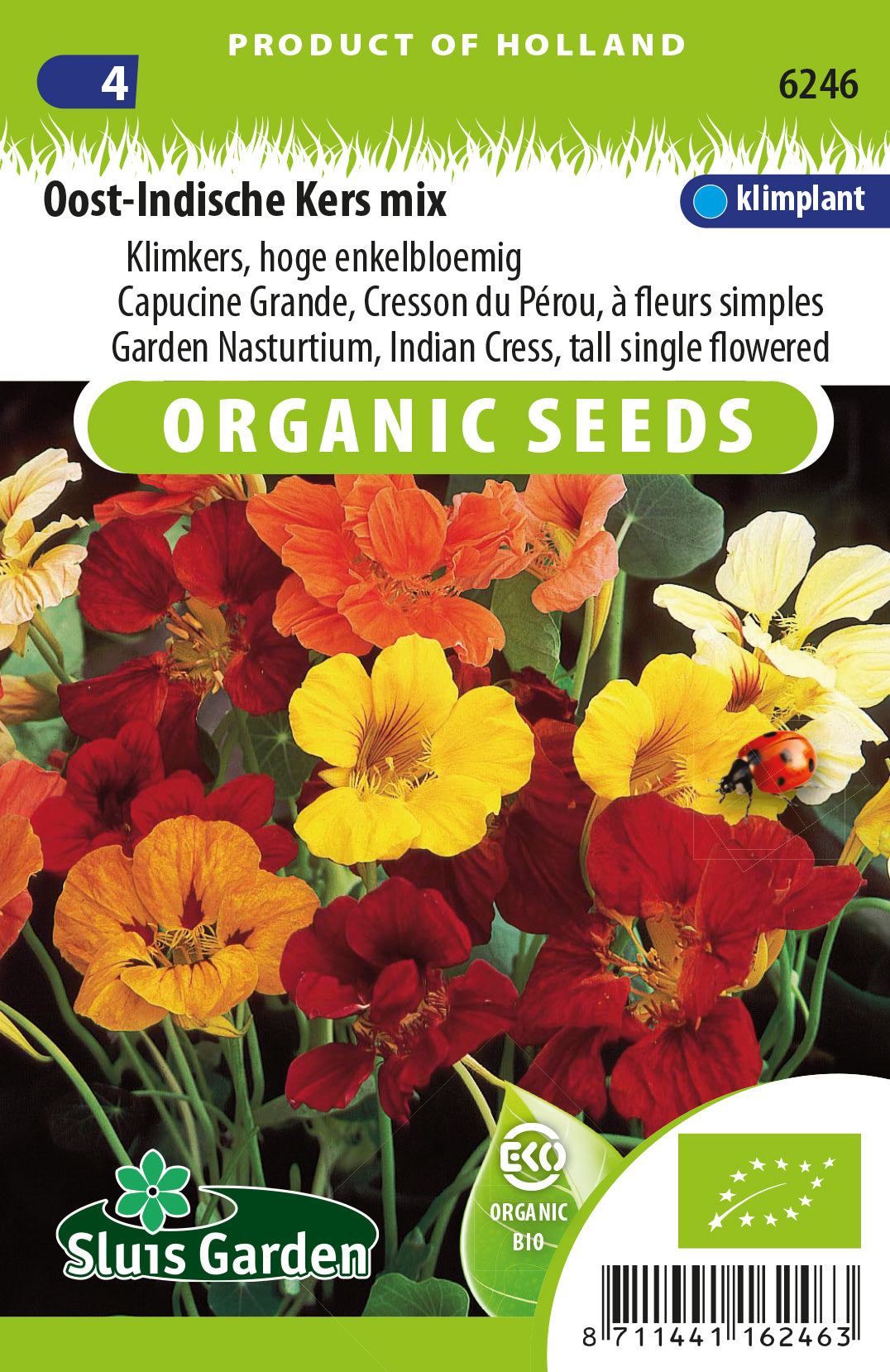 Tropaeolum Majus Hoge Enkele Mix BIO Zaden – Biologische Oost-Indische Kers voor Moestuin – ca. 1 g – Sluis Garden