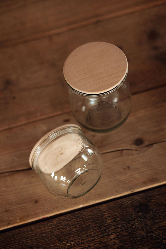 Weck-pot tulpenglas met beukenhouten deksel – decoratieve glazen voorraad pot