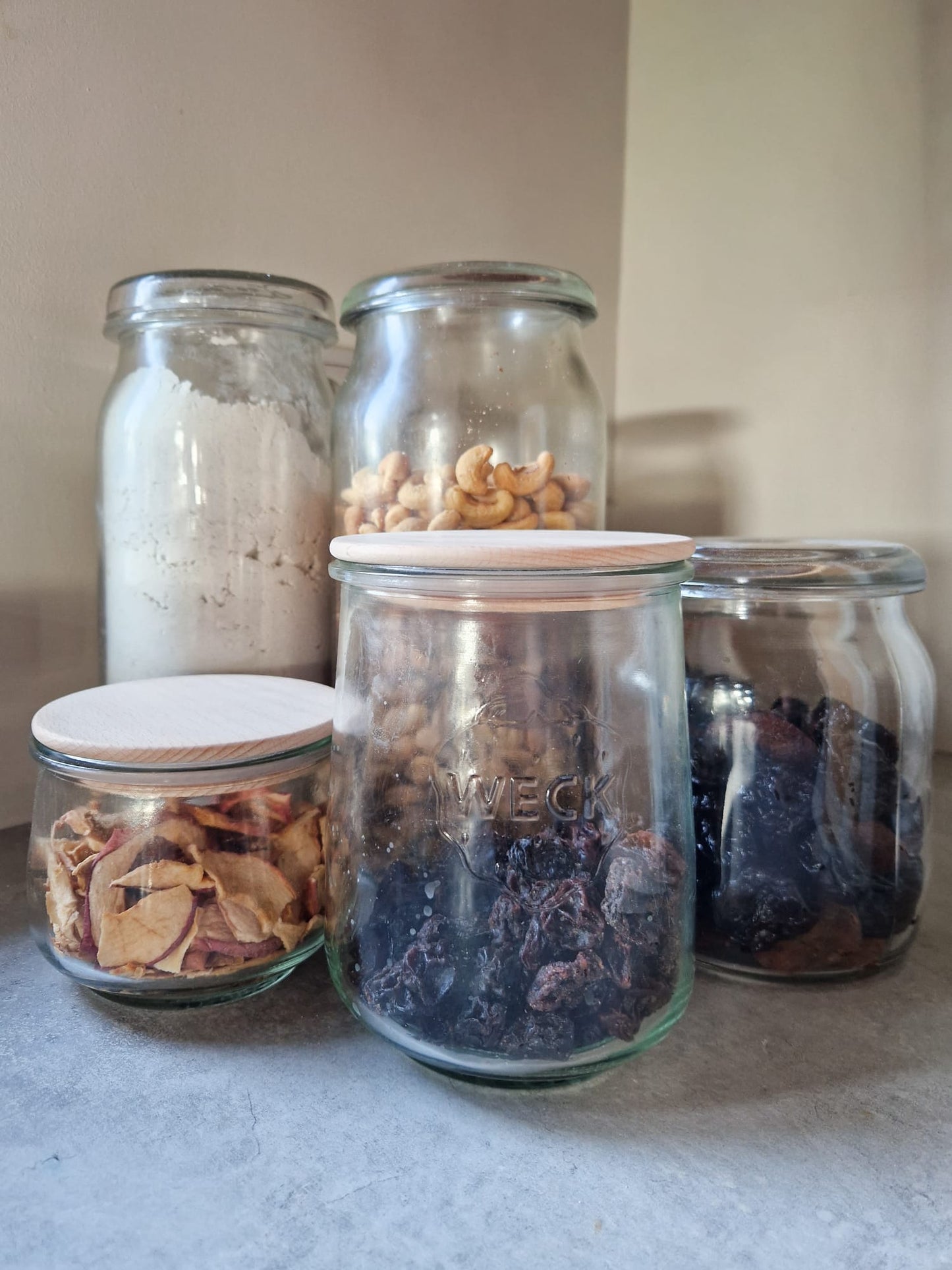 Weck-pot tulpenglas met beukenhouten deksel – decoratieve glazen voorraad pot